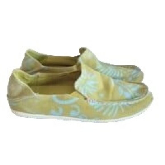 Olukai Women's Size 6 Nohea Canvas Print Slip On Green Blue Palm Design - Picture 2 of 7